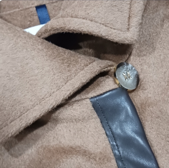 Cole Haan Wool Blend Trench Coat Faux Leather Trim - Picture 7 of 14